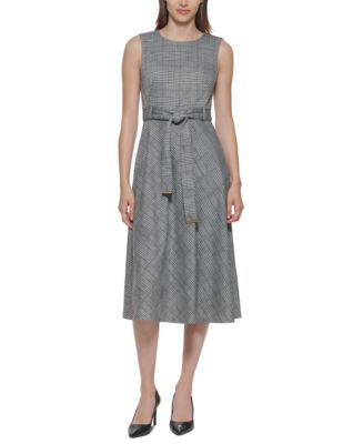 Calvin Klein Plaid Belted Fit & Flare Midi Dress - Macy's