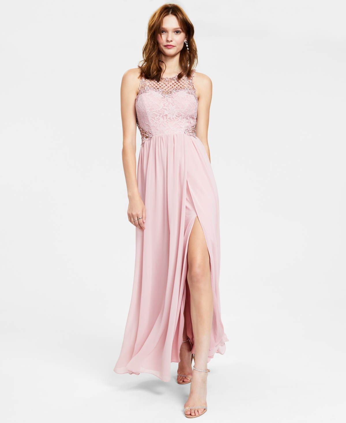 City Studios Juniors' Embellished Illusion Tulip Gown, Created For Macy's In Pink