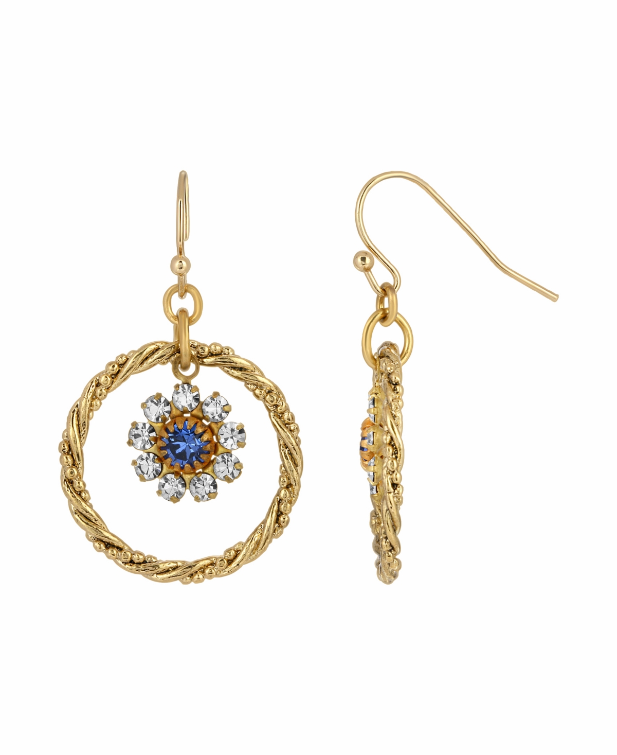 2028 Women's Gold-tone Blue Crystal Flower Drop Hoop Earrings