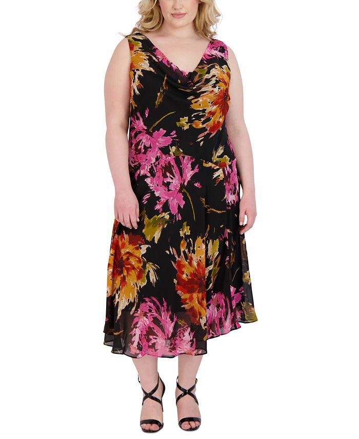 Robbie Bee Plus Size Floral-Print Handkerchief-Hem A-Line Dress - Macy's