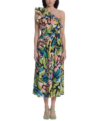 Donna Morgan Women s One Shoulder Tie Front Ruffled Midi Dress Macy s