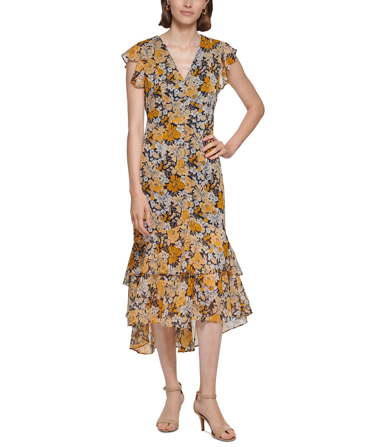 Womens Floral Flutter-Sleeve Dress