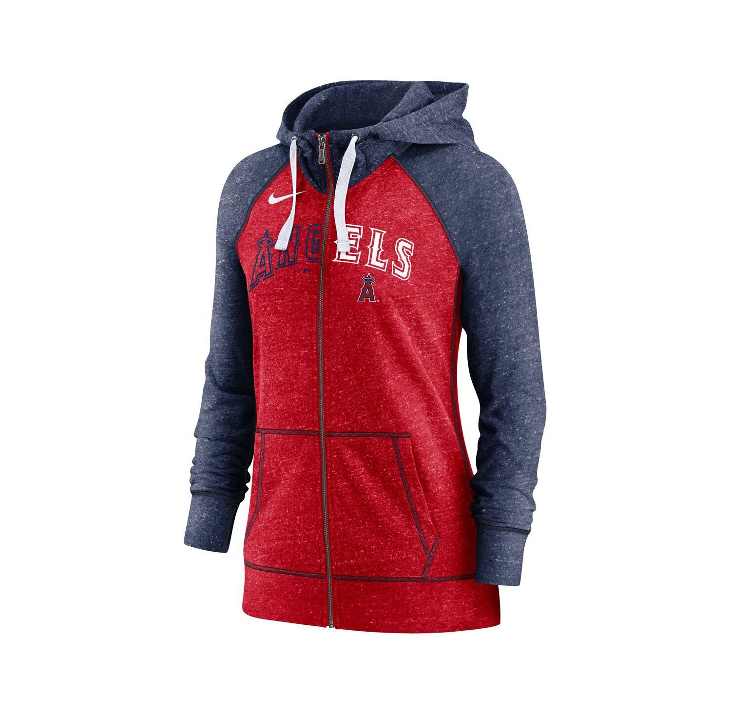 Women's Heathered Red and Heathered Navy Los Angeles Angels Split Wordmark Gym Vintage-Like Raglan Slub Full-Zip Hoodie