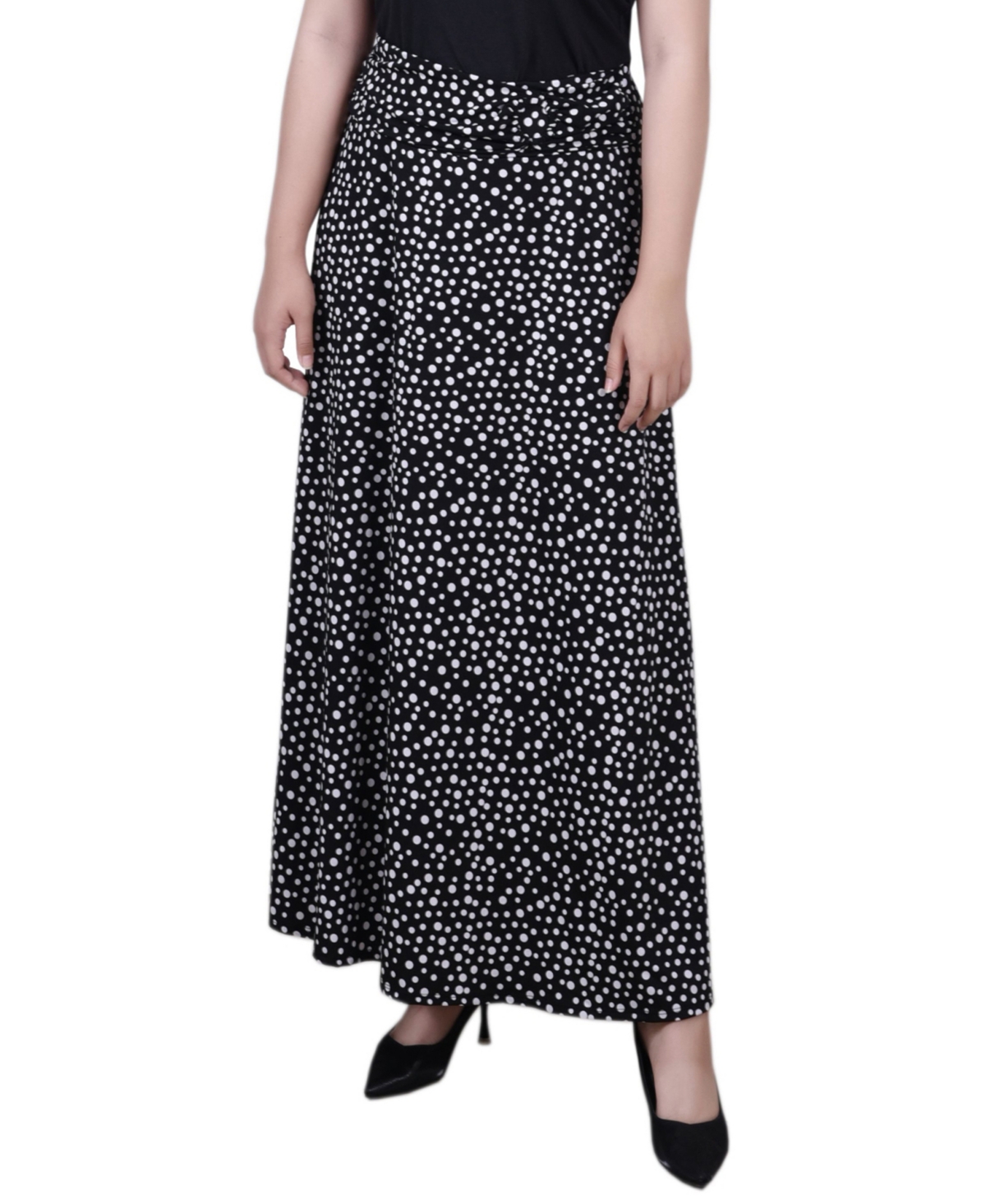 Petite Ring Faux Belt A Line Maxi Skirt - Black Ivory Dot