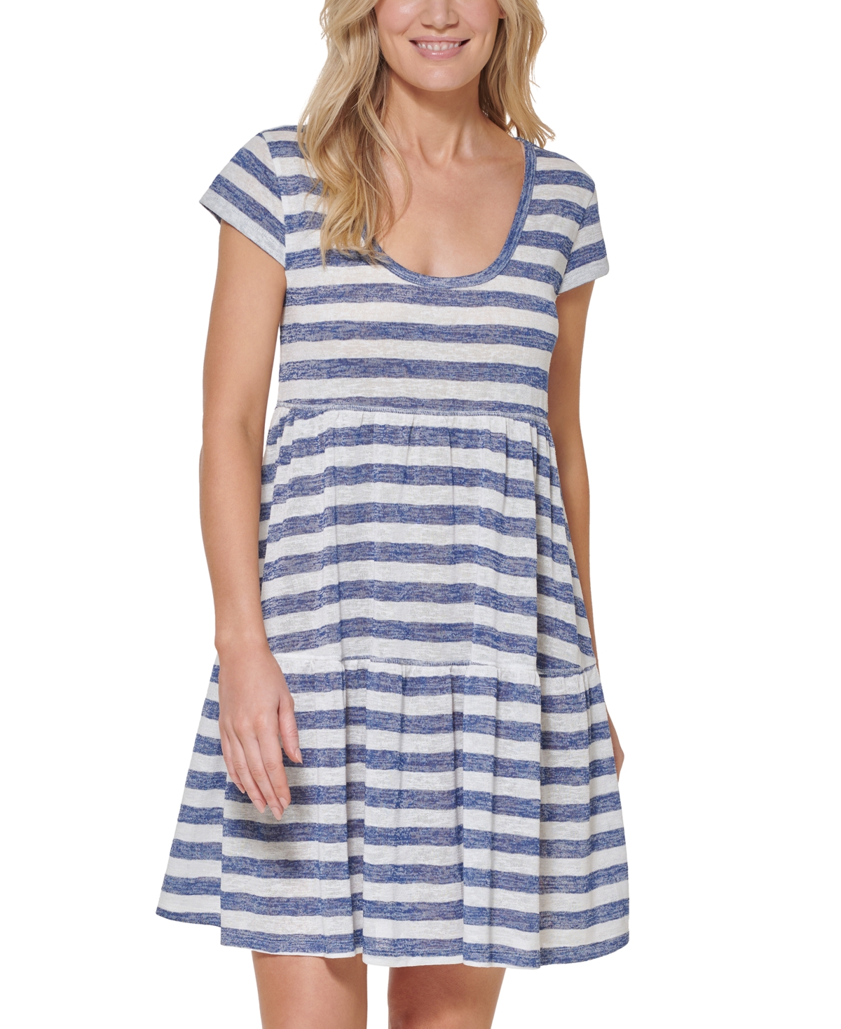 Tommy Hilfiger Wide Stripe Cap Sleeve Dress Cover-up In Wide Burnout Stripe Gulf Blue,white
