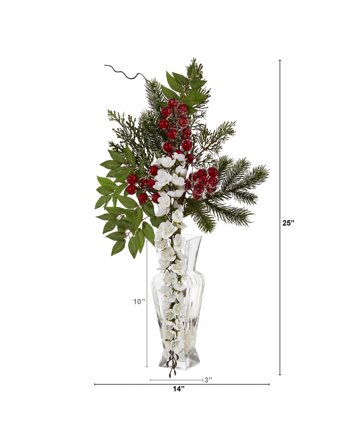 Wisteria, Iced Pine and Berries Artificial Arrangement in Glass Vase, - Green