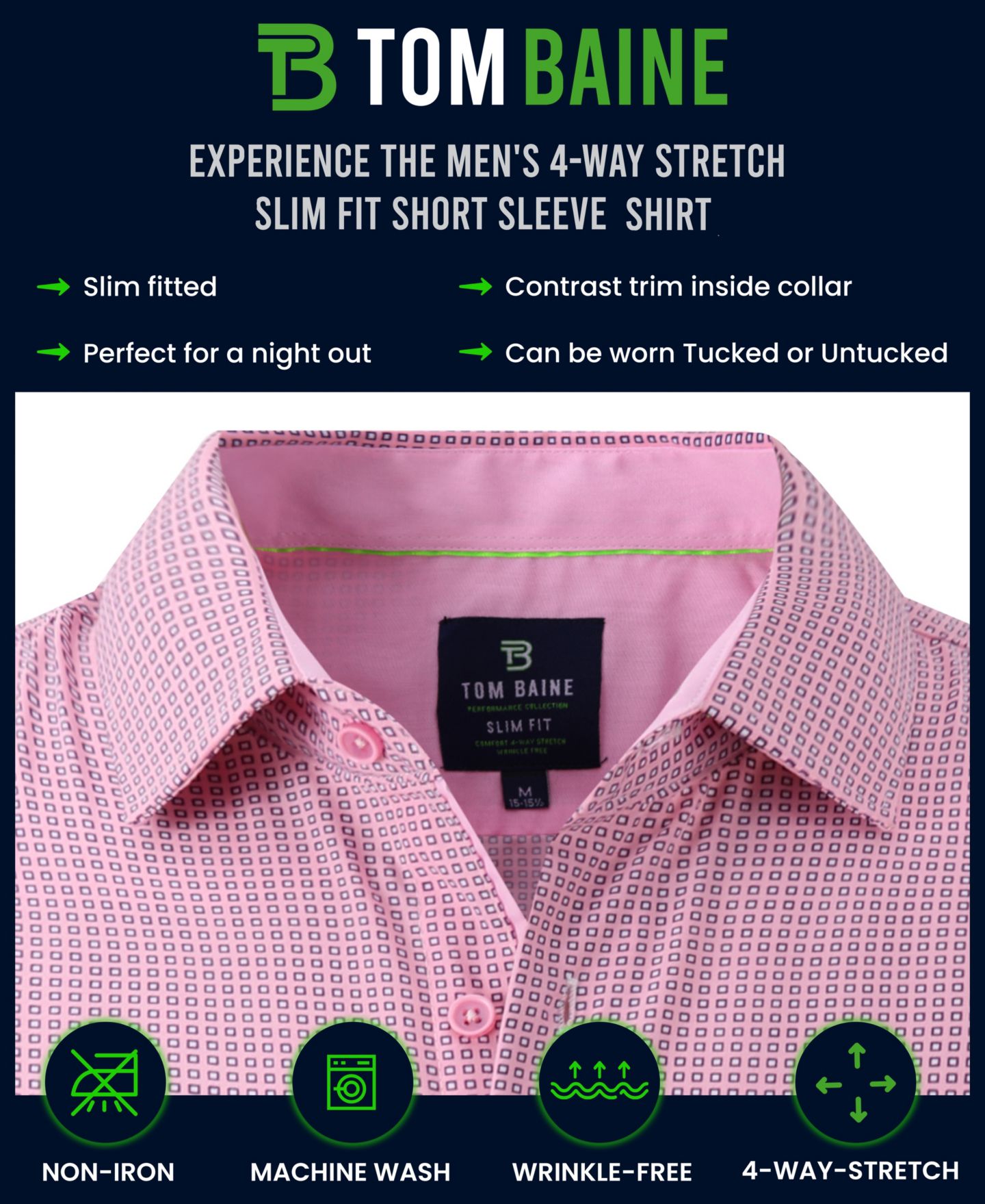 Мужская рубашка Tom Baine Slim Fit Short Sleeve Performance Button Down Dress Shirt, цвет: Белый — фото 3