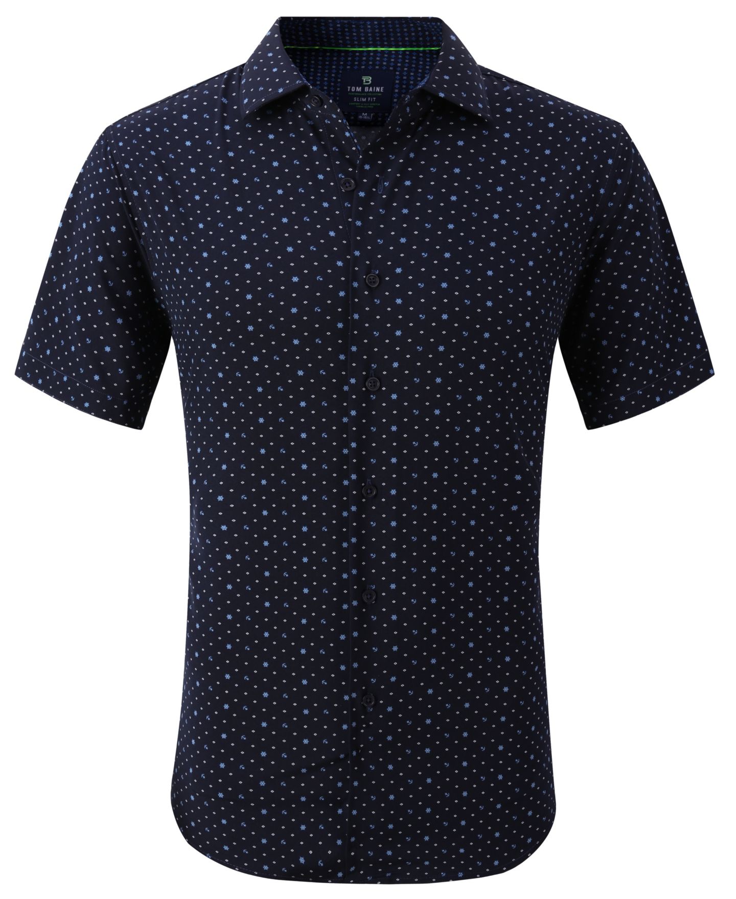 Мужская рубашка Tom Baine Slim Fit Short Sleeve Performance Button Down Dress Shirt, цвет: Тёмно-синий — фото 1