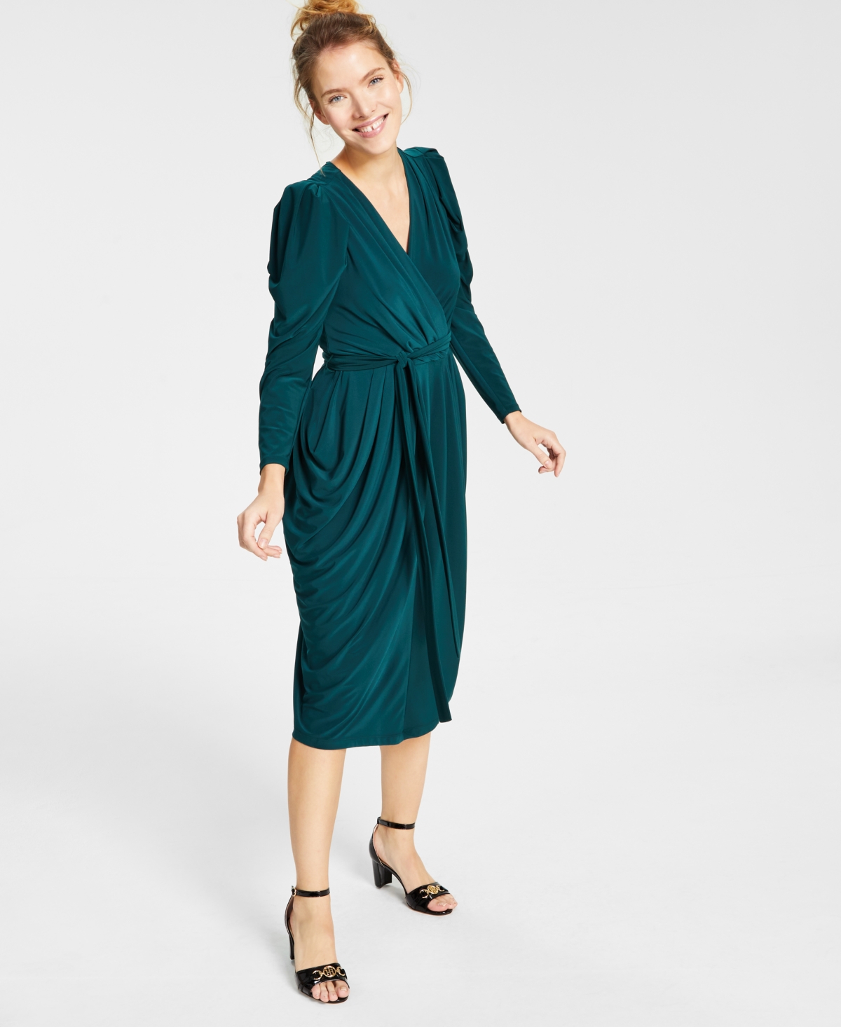 Tommy Hilfiger Women's Draped Faux-Wrap Puff-Sleeve Dress