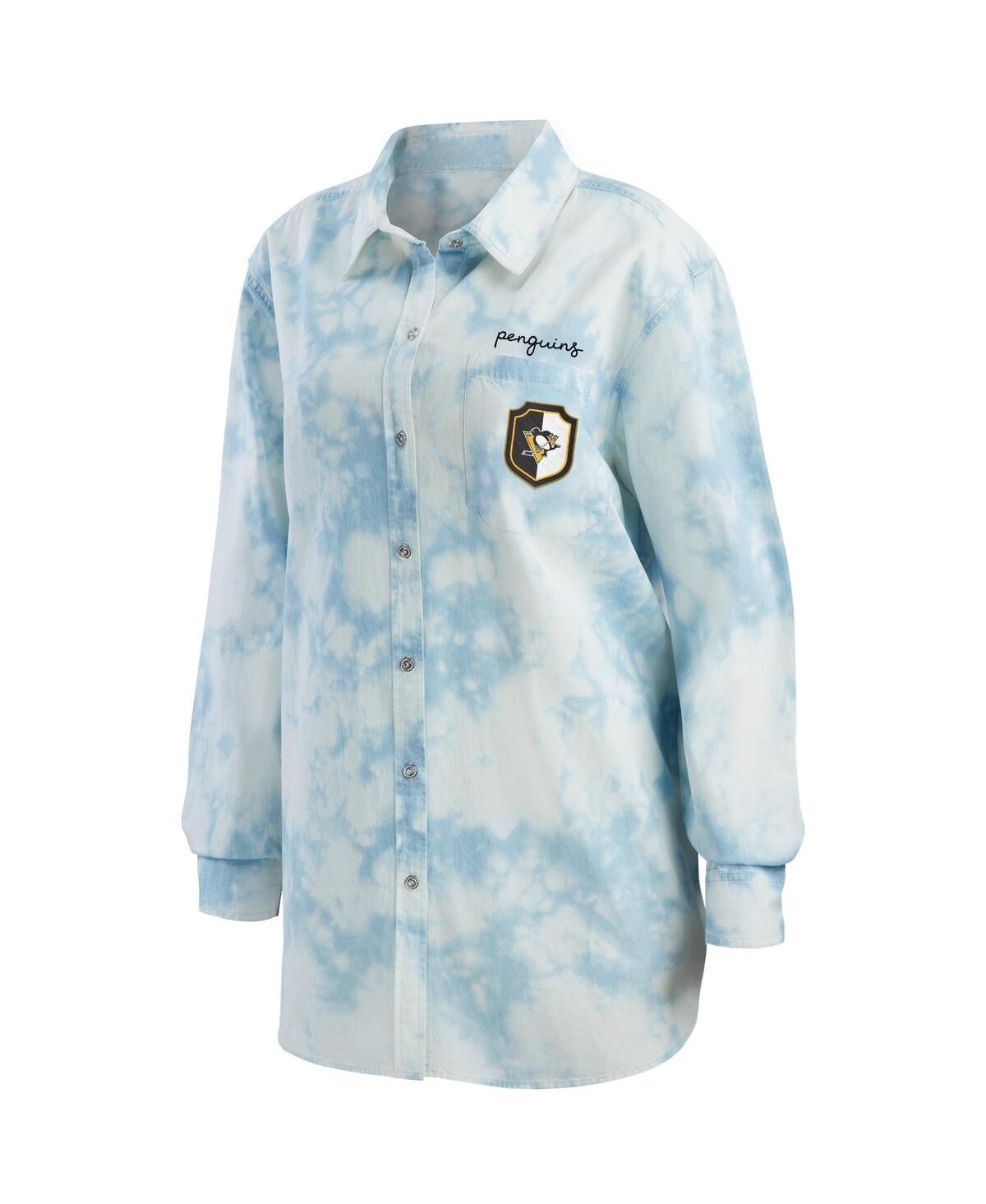 Shop Wear By Erin Andrews Women's  White Pittsburgh Penguins Oversized Tie-dye Button-up Denim Shirt