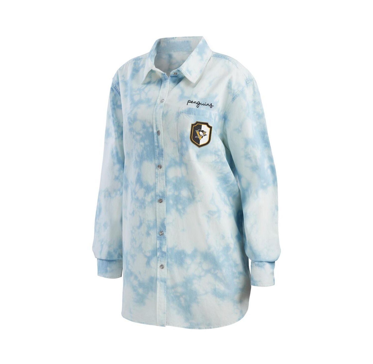 Women's White Pittsburgh Penguins Oversized Tie-Dye Button-Up Denim Shirt