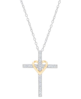 Macy's - Diamond Cross & Heart 18" Pendant Necklace (1/6 ct. t.w.) in Sterling Silver & 14k Gold-Plate