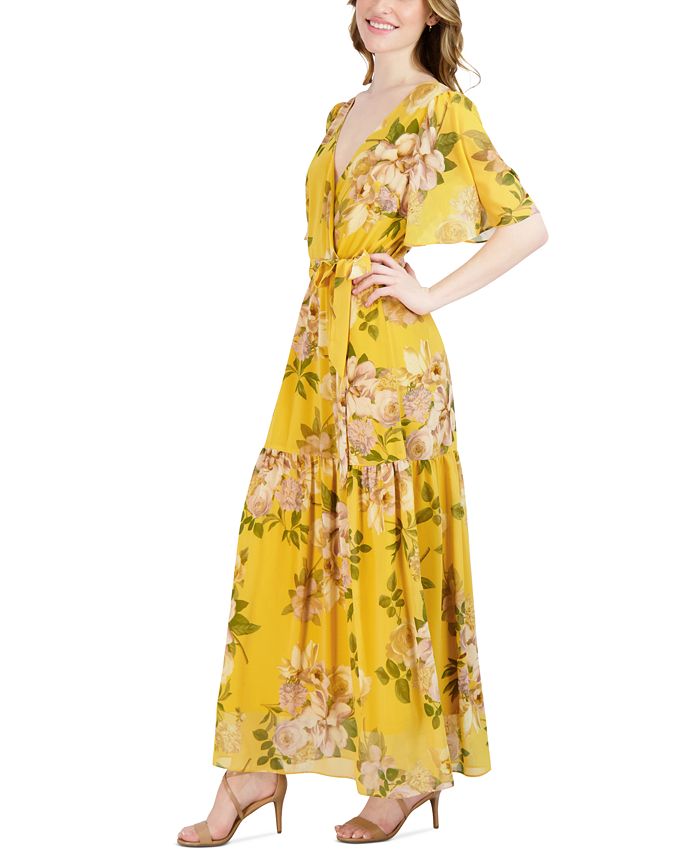 Donna Ricco Women's Floral-Print Flutter-Sleeve Maxi Dress - Macy's