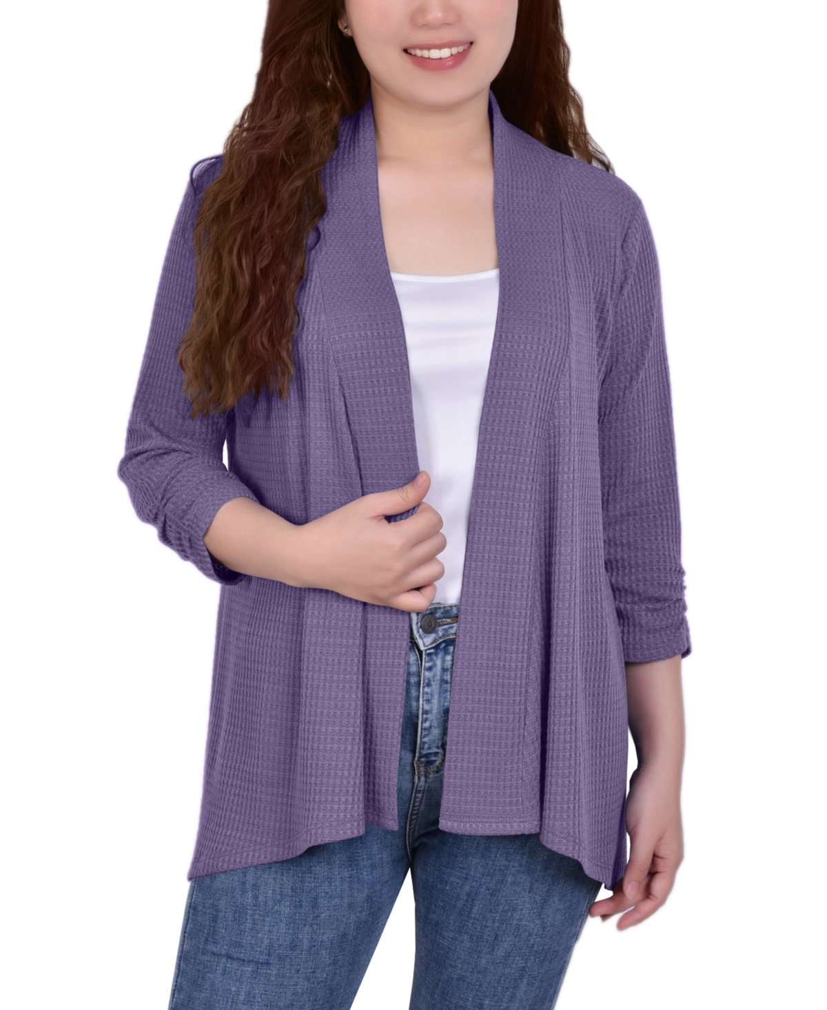 Ny Collection Women's 3/4 Sleeve Waffle Cardigan Sweater In Mulled Grape