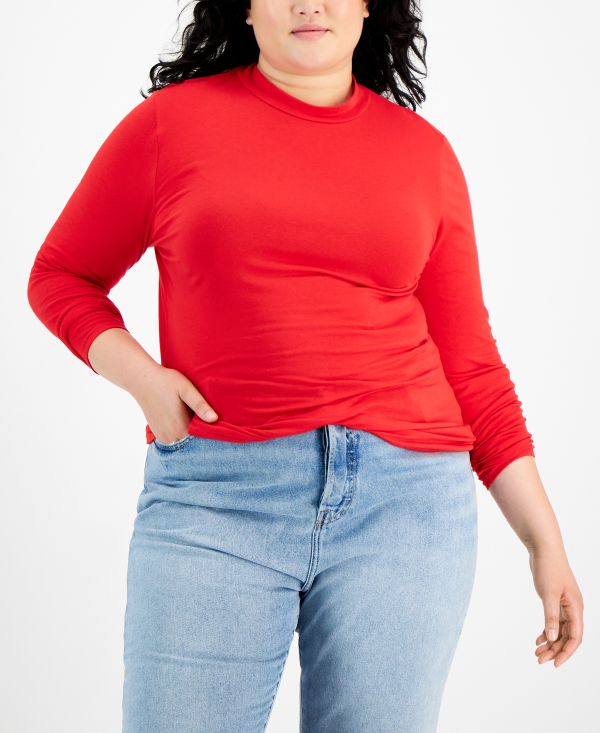 Trendy Plus Size Mock Neck Long-Sleeve Top - Chinese Red