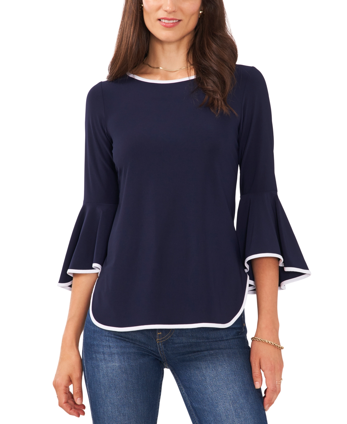 Shop Sam & Jess Petite Contrast-trim Bell-sleeve Top In Navy