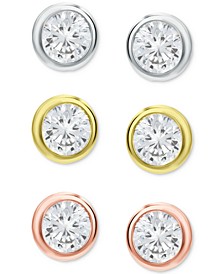3-Pc. Set Cubic Zirconia Bezel Stud Earrings in Sterling Silver, 18k Gold-Plate & 18k Rose Gold-Plate, Created for Macy's