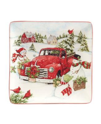 Red Truck Snowman 4 Piece Dinner Plate Set