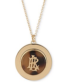 Gold-Tone Tortoise-Look Inlay Logo Disc Long Pendant Necklace, 32" + 1" extender
