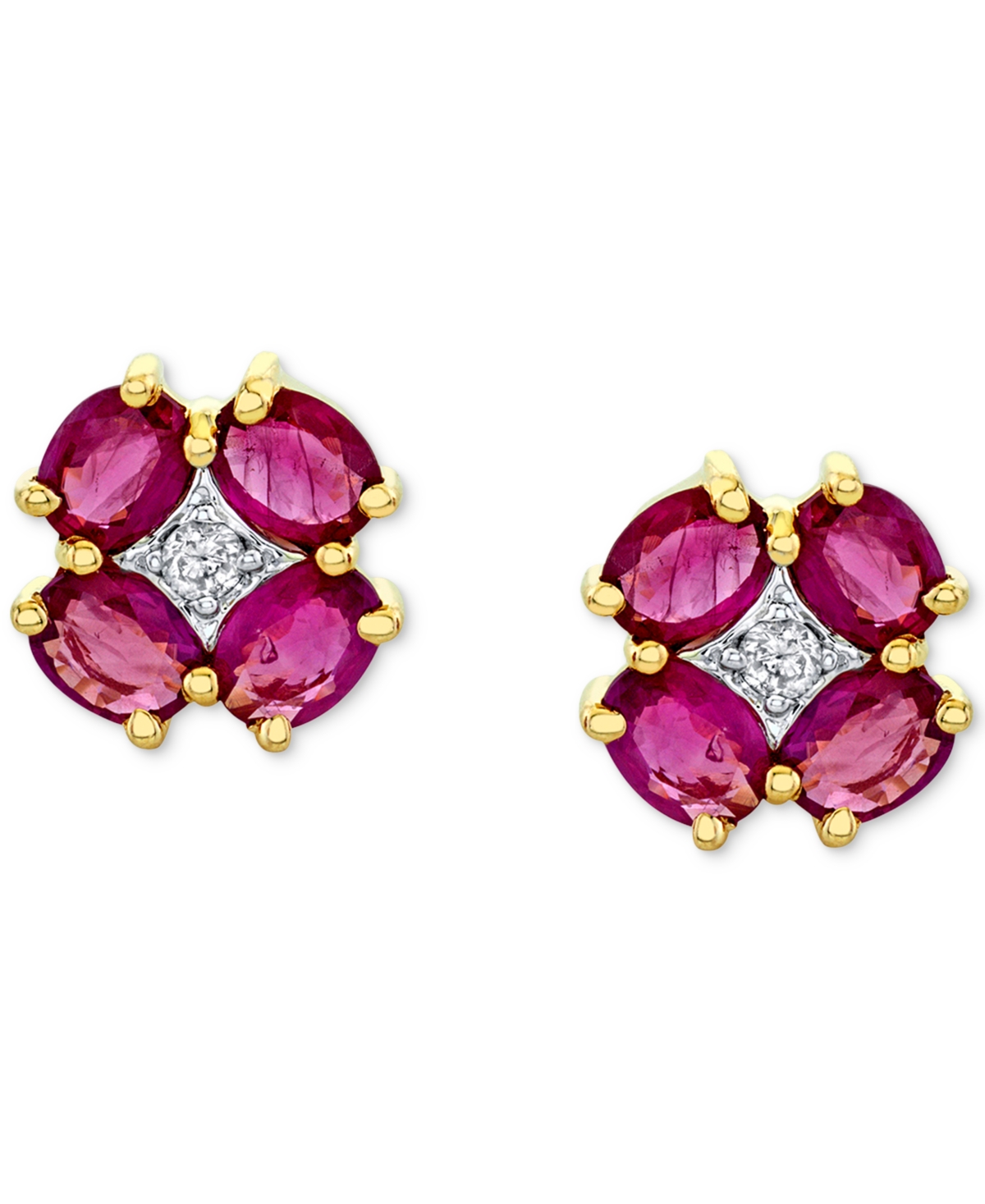 (2 ct. t.w.) & Diamond (1/20 ct. t.w.) Flower Stud Earrings in 14k Gold - Ruby