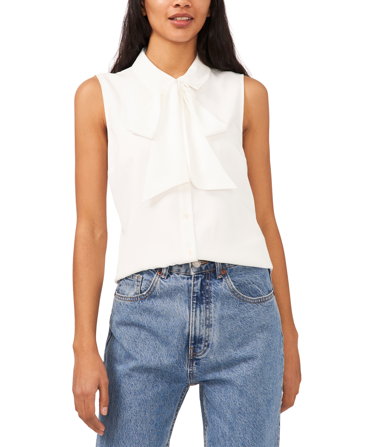 CeCe Women's Sleeveless Button-Front Bow Neck Blouse