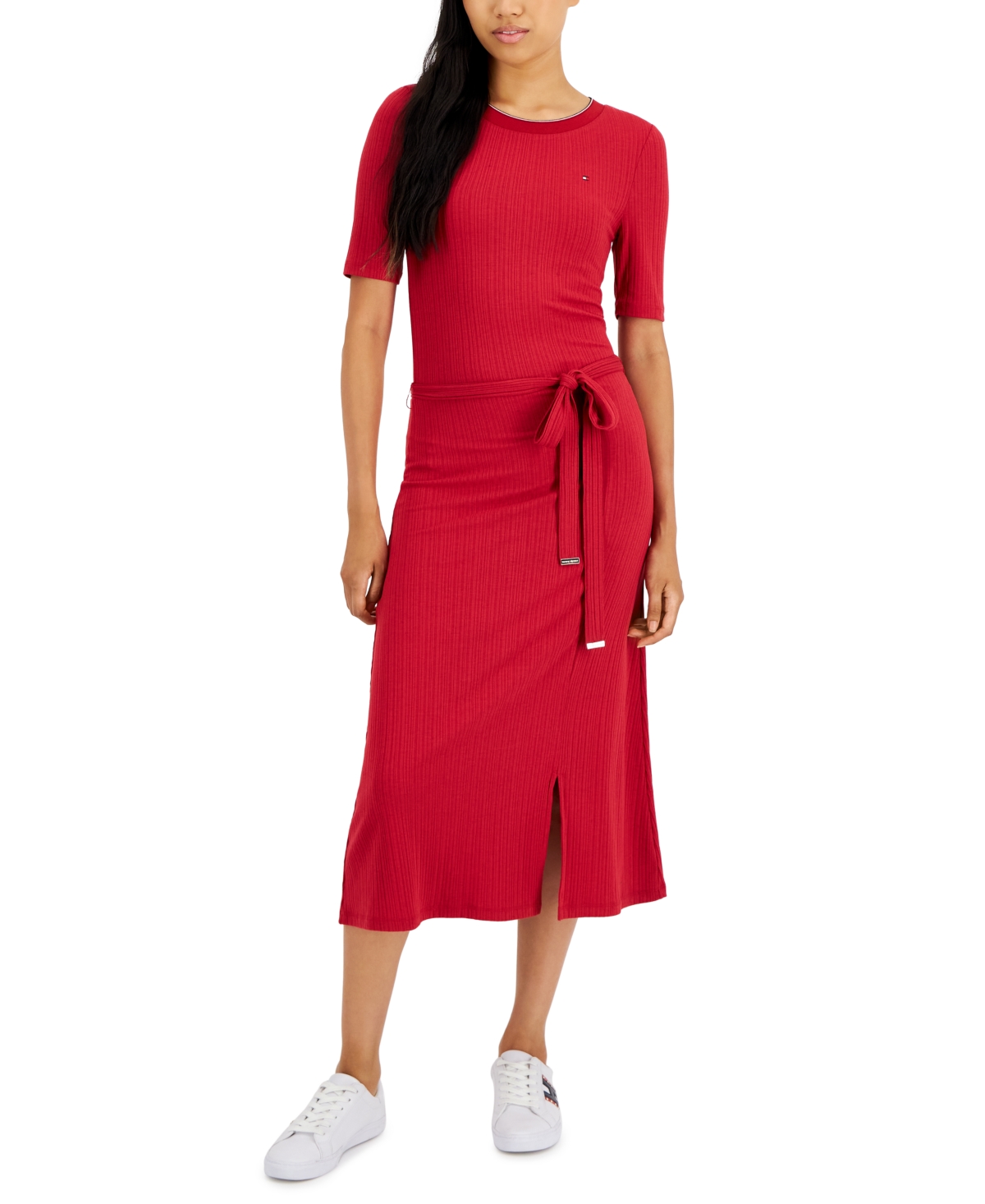 Tommy Hilfiger Women's Ribbed Belted Midi Dress In Chili Pepper