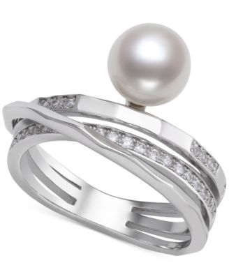 Belle de Mer - Cultured Freshwater Button Pearl (7mm) & Cubic Zirconia Multirow Statement Ring in Sterling Silver
