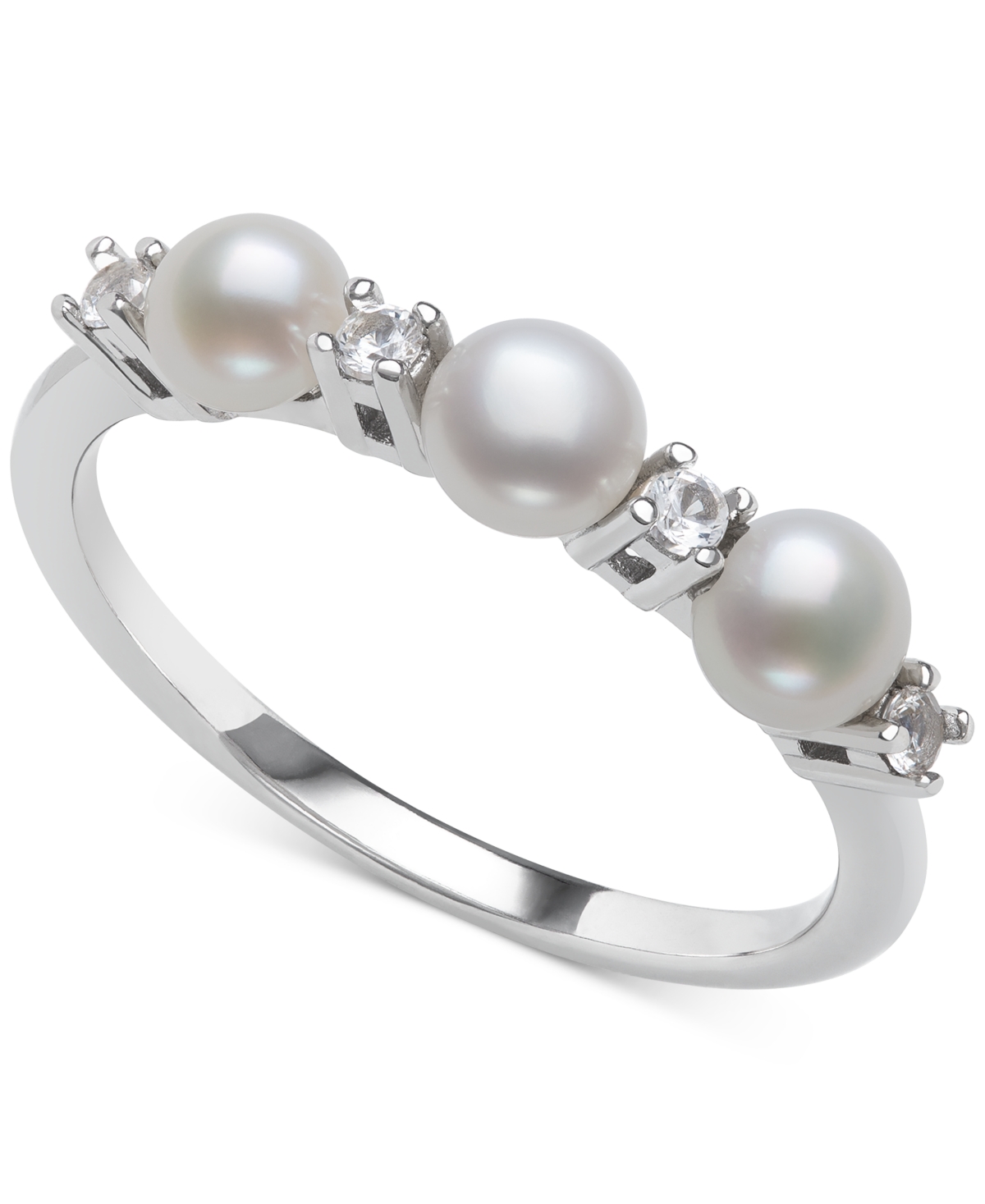 Belle de Mer Cultured Freshwater Button Pearl (4mm) & Lab-Created White Sapphire (1/6 ct. t.w.) Ring in 14k Gold-Plated Sterling Silver