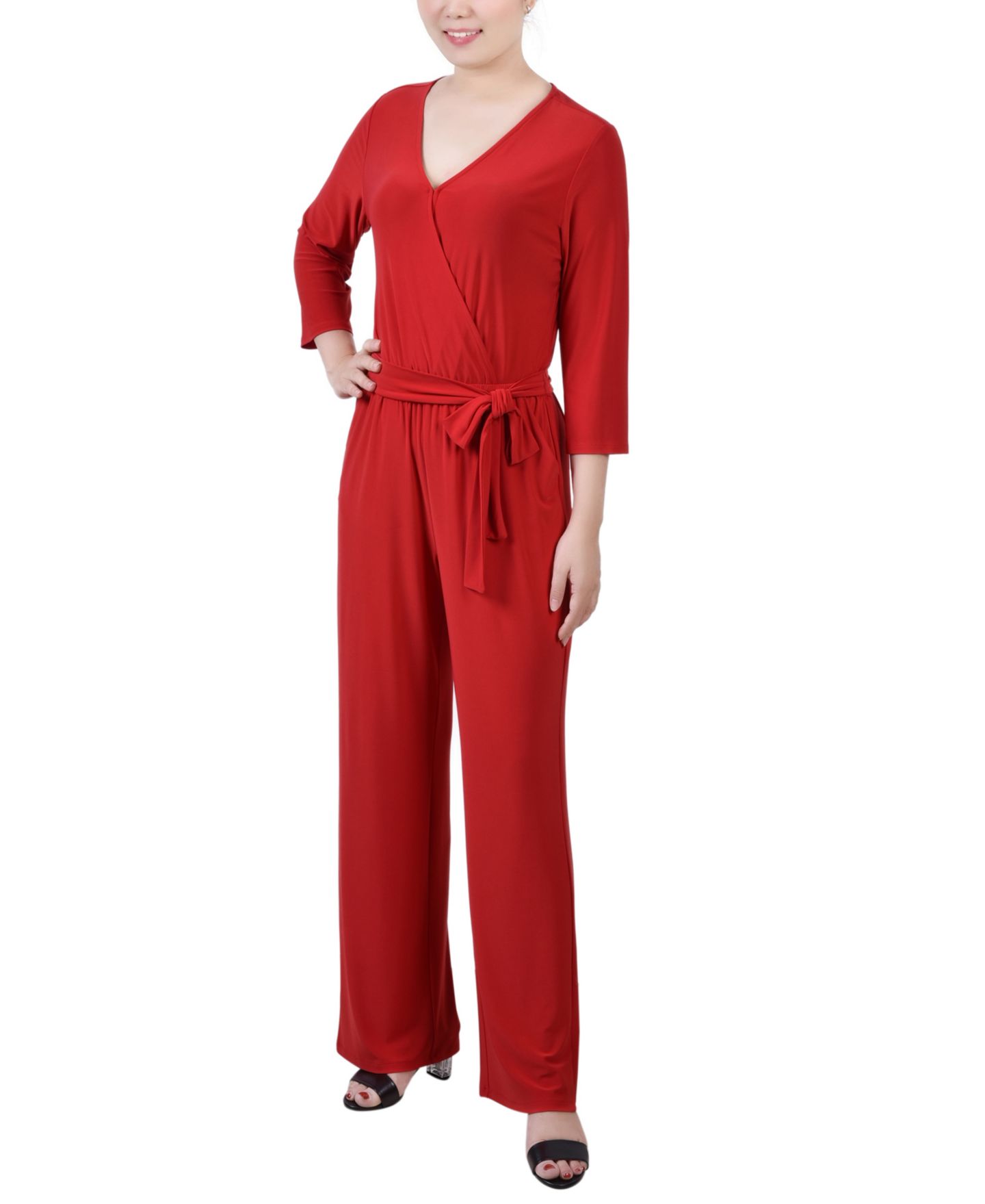Женский комбинезон NY Collection Petite 3/4 Sleeve Belted Wide Leg Jumpsuit, цвет: Красный — фото 1
