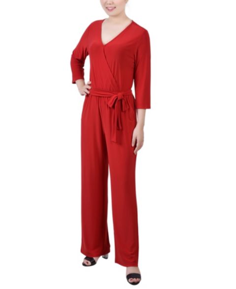 Женский комбинезон NY Collection Petite 3/4 Sleeve Belted Wide Leg Jumpsuit, цвет: Красный