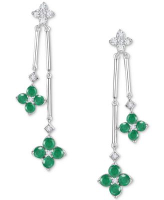 Macy's - Emerald (1 ct. t.w.) & Diamond (1/5 ct. t.w.) Flower Drop Earrings in Sterling Silver (Also in Ruby & Sapphire)