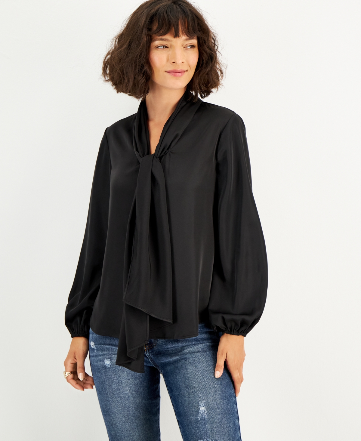 Women's Bow-Tie Long-Sleeve Blouse, Created for Macy's - Black