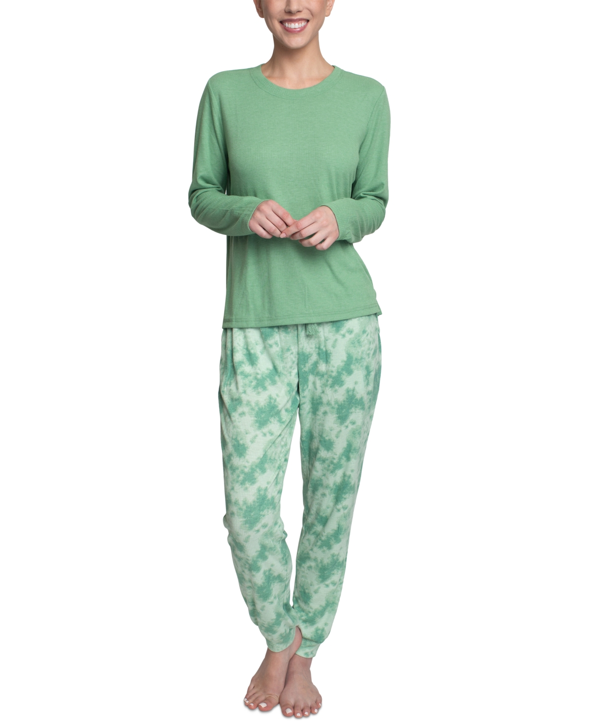 Muk Luks Women's Supersoft Ribbed Pajama Set In Green Tie Dye