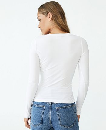 Cotton Scoop Neck Long Sleeve Top in White