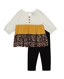 Baby Girls Rib Knit Printed Tiered Top and Solid Knit Leggings, 2-Piece Set