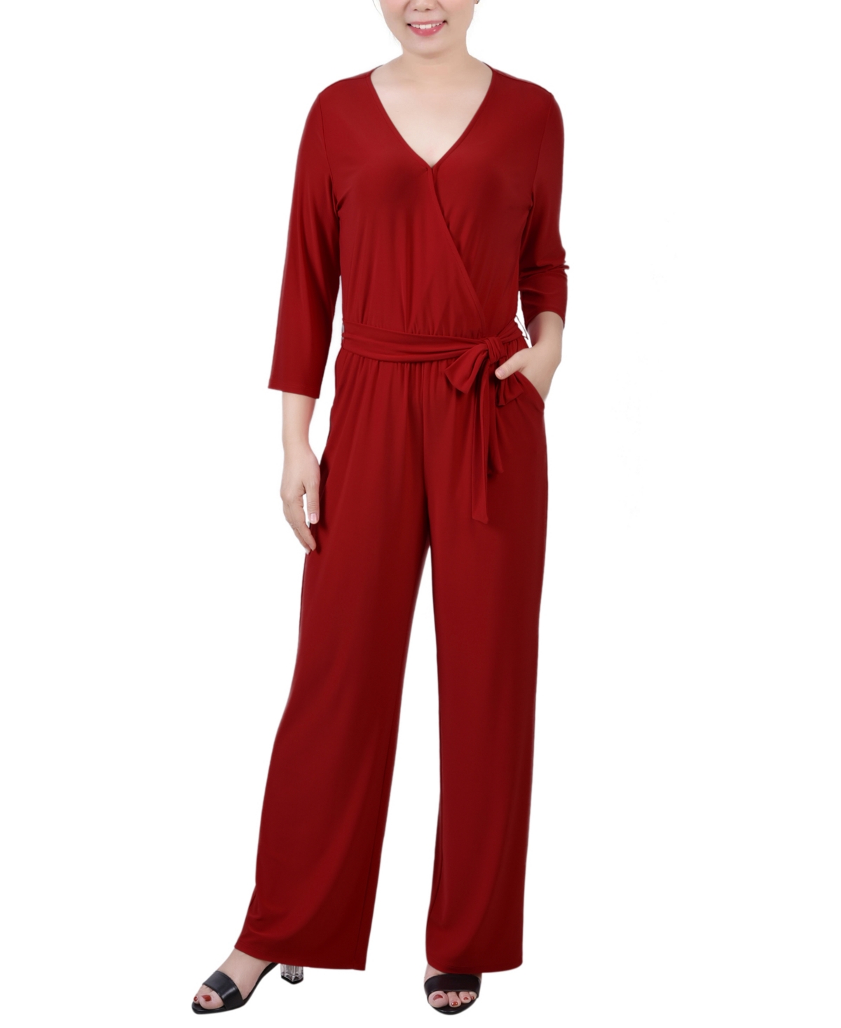Shop Ny Collection Women's 3/4 Sleeve Belted Jumpsuit In Wine