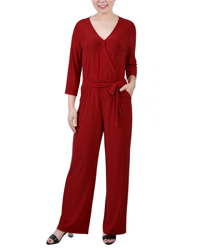 NY Collection Women's 3/4 Sleeve Belted Jumpsuit - Macy's
