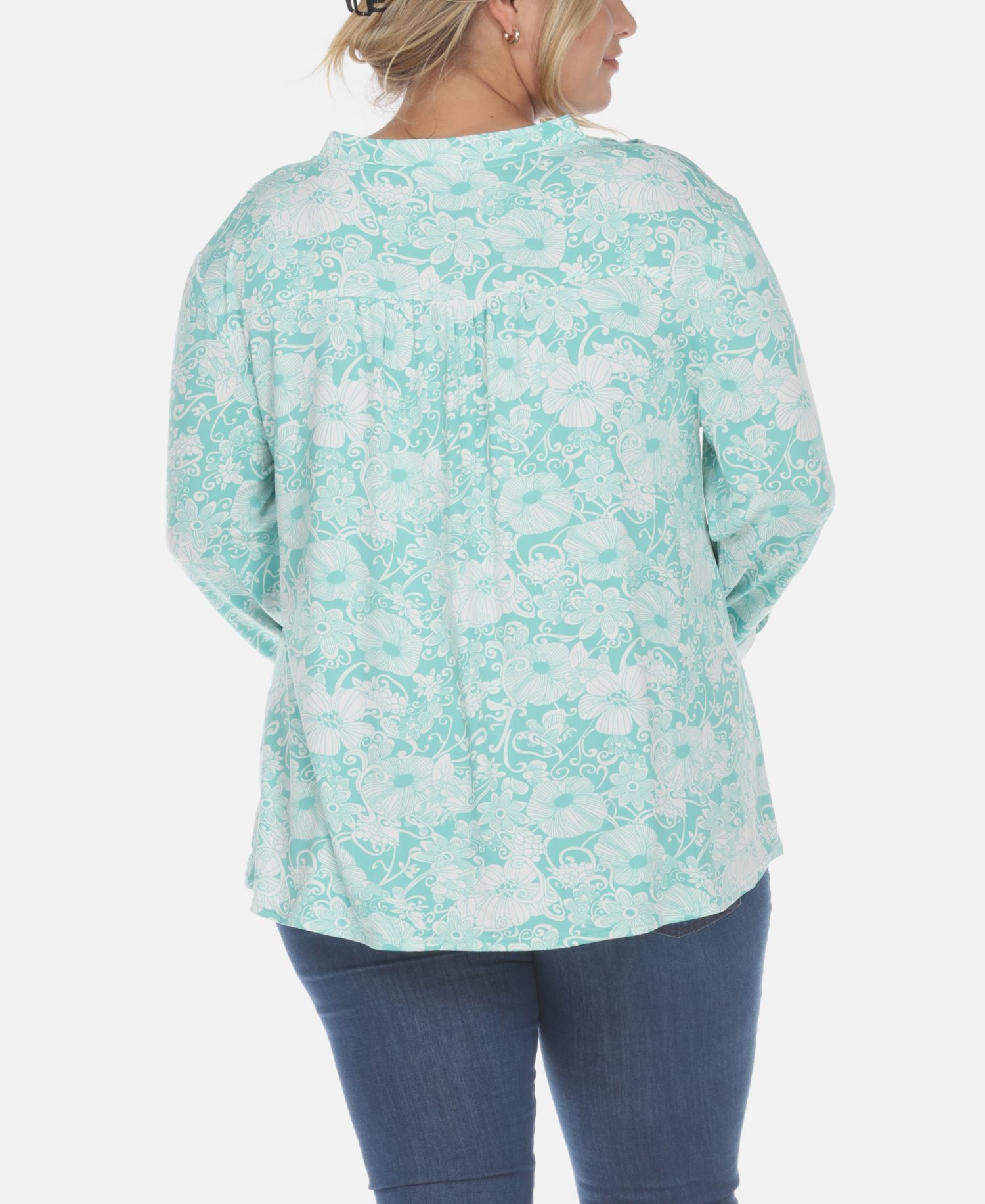 Plus Size Pleated Long Sleeve Floral Print Blouse