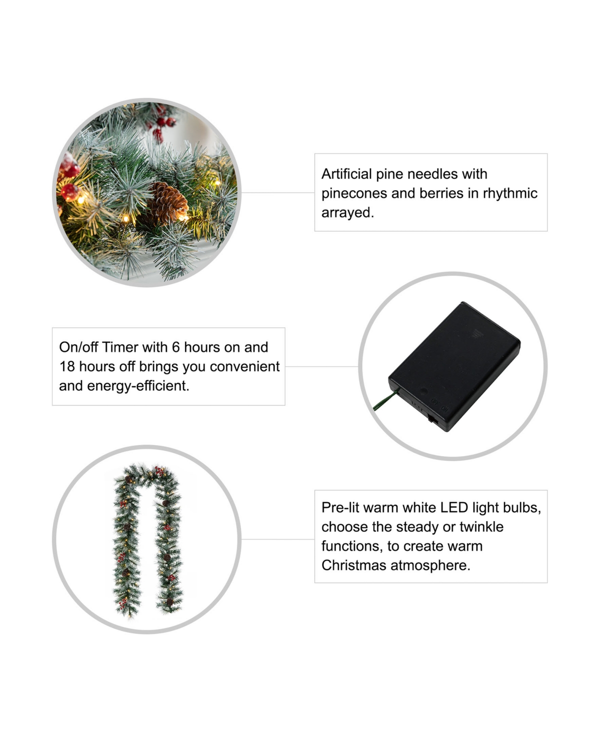 Glitzhome 9' Pre-Lit Greenery Pine Cones and Berries Christmas Garland, with 50 Warm White Lights