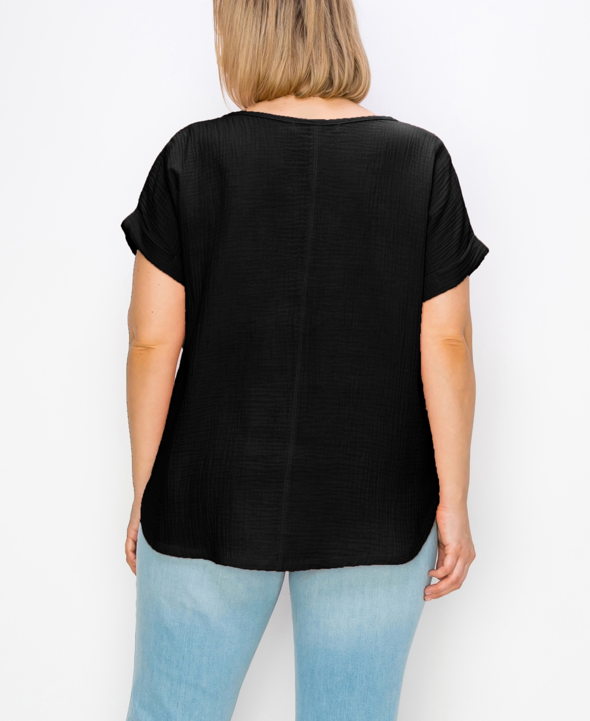 Coin 1804 Plus Size Gauze V-neck Rolled Sleeve Top
