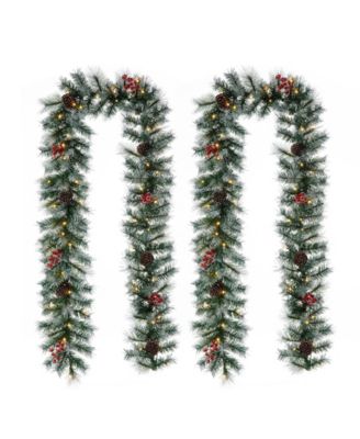 Glitzhome 2-Pack 9 ft. Pre-Lit Greenery Pine Cones and  Red Berries Artificial Christmas Garland, with 50 White Lights with Timer