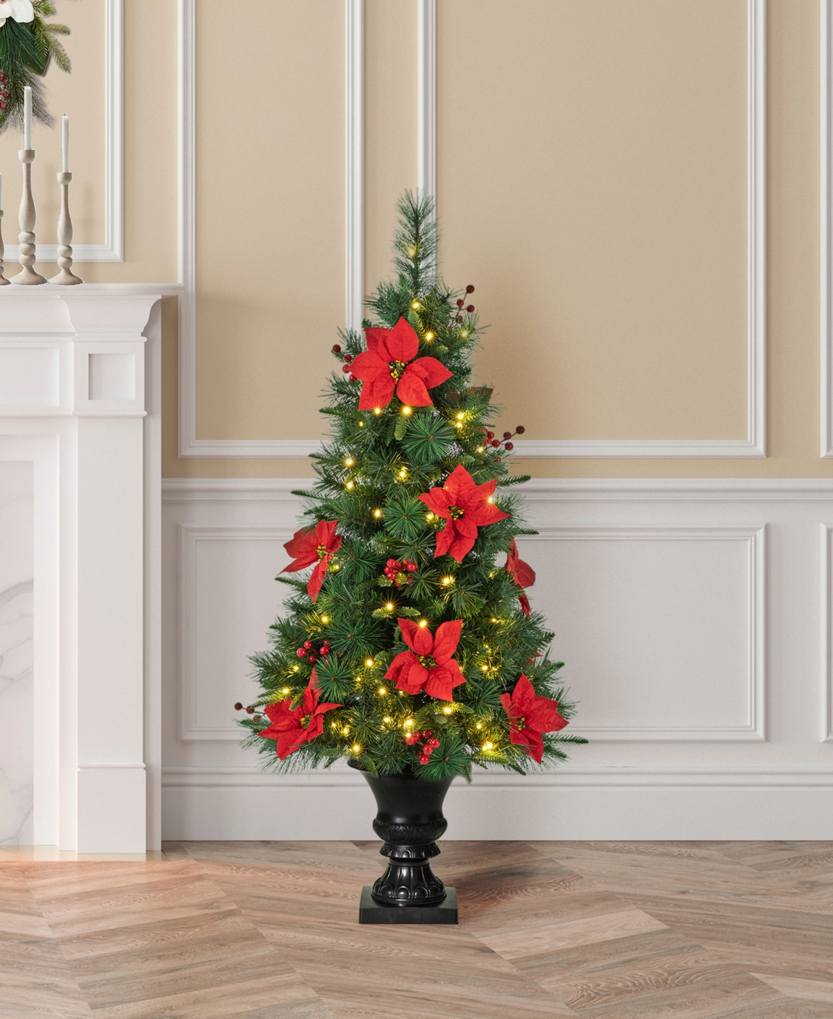 Glitzhome Pre-Lit Pine Artificial Christmas Porch Tree with 100 Warm White Lights Set, 2 Piece