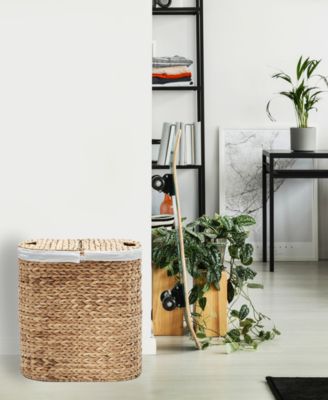 Hand-Woven Natural Wicker  Lidded Double Laundry Hamper