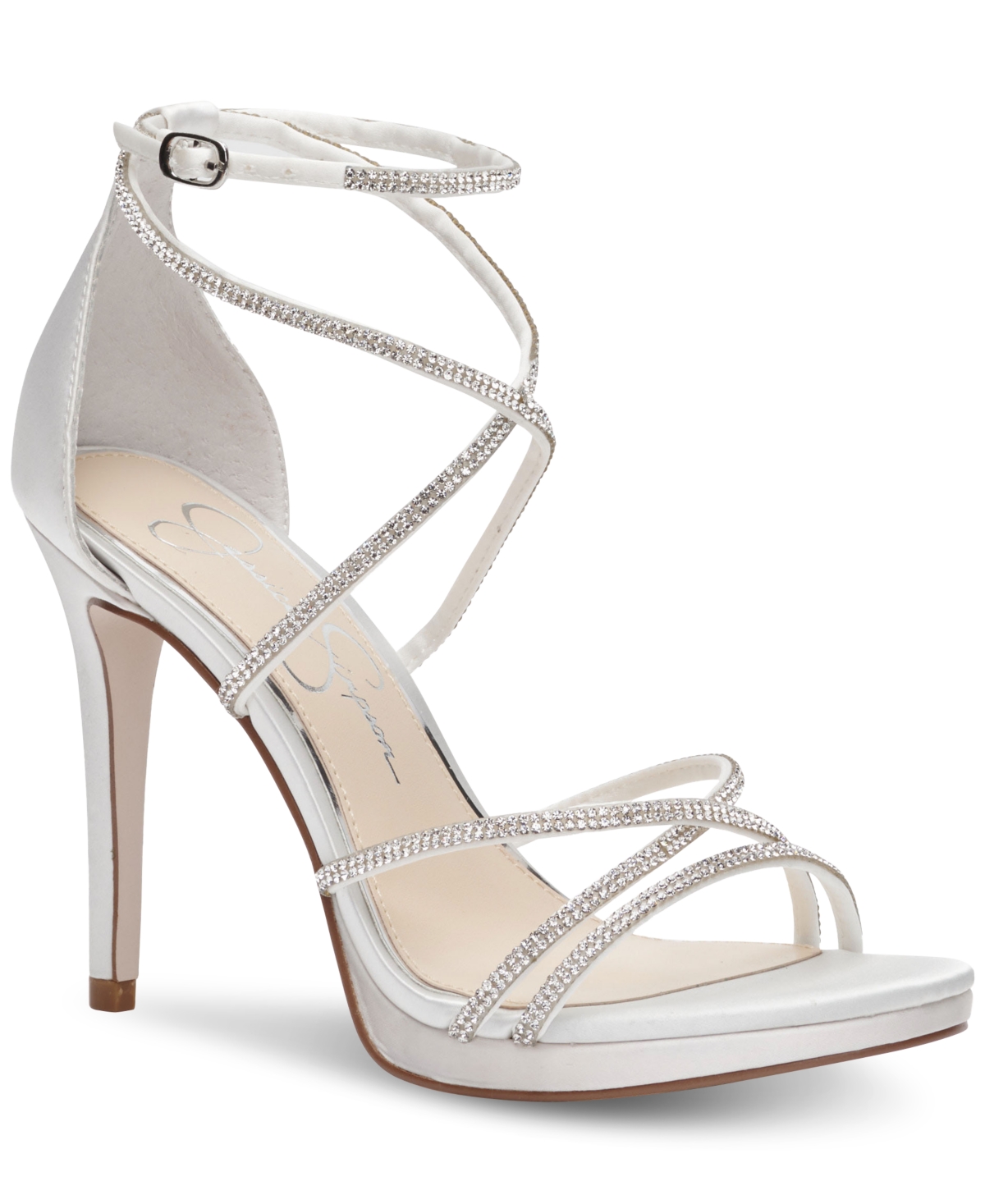 Shop Jessica Simpson Women's Jaeya Strappy Rhinstone High-heel Evening Sandals In White Satin