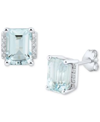 Macy's - Aquamarine (1-3/4 ct. t.w.) & Diamond (1/20 ct. t.w.) Stud Earrings in 14k White Gold