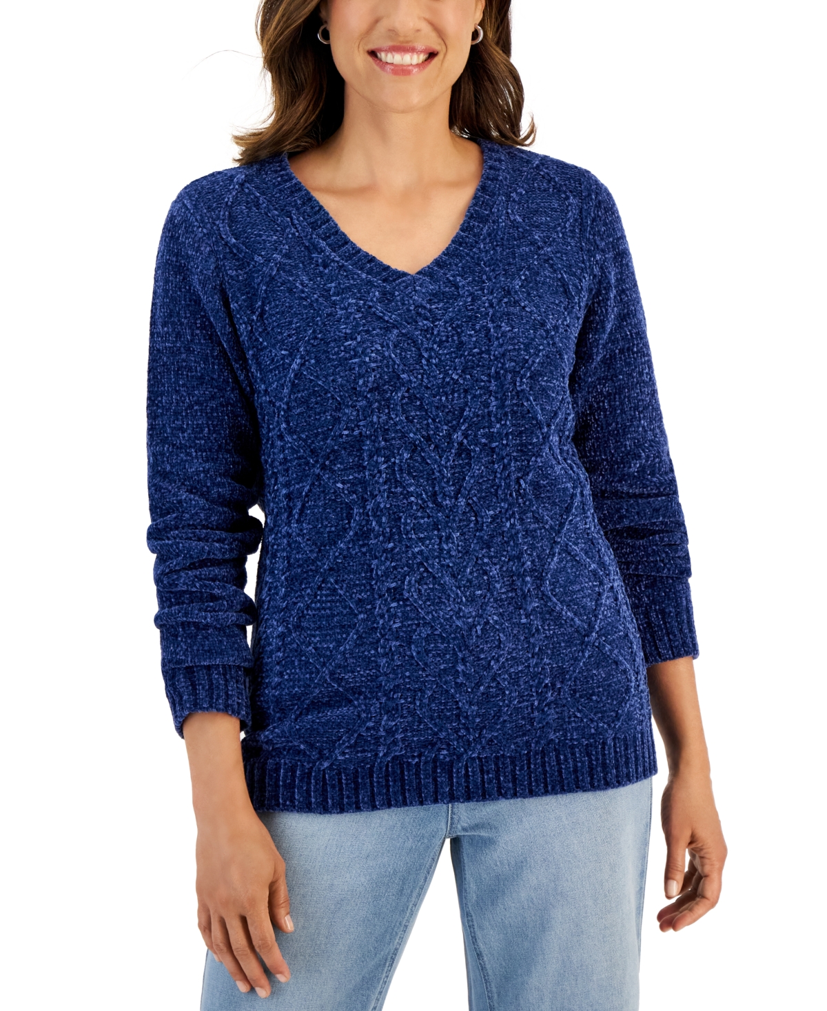 Women's Chenille Cable V-Neck Sweater, Created for Macy's - Estate Blue