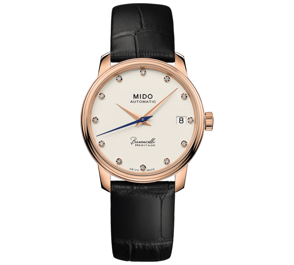 Shop Mido Women's Swiss Automatic Baroncelli Iii Heritage Diamond (1/10 Ct. T.w.) Black Leather Strap Watch 33 In Ivory