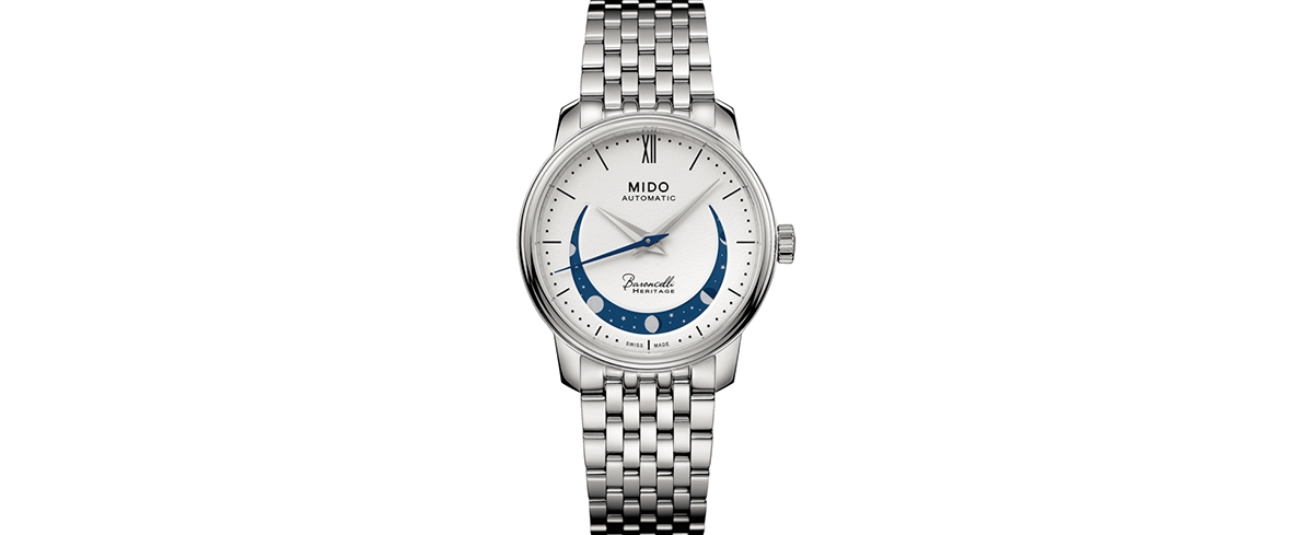 Mido Women's Swiss Automatic Baroncelli Smiling Moon Stainless Steel Bracelet Watch 33mm In White