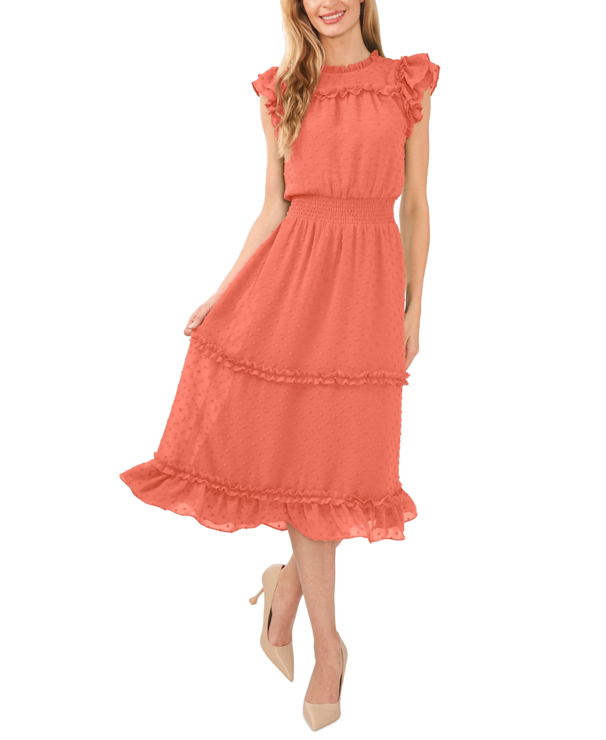 Cece Clip Dot Flutter Sleeve Midi Dress In Cameo Coral