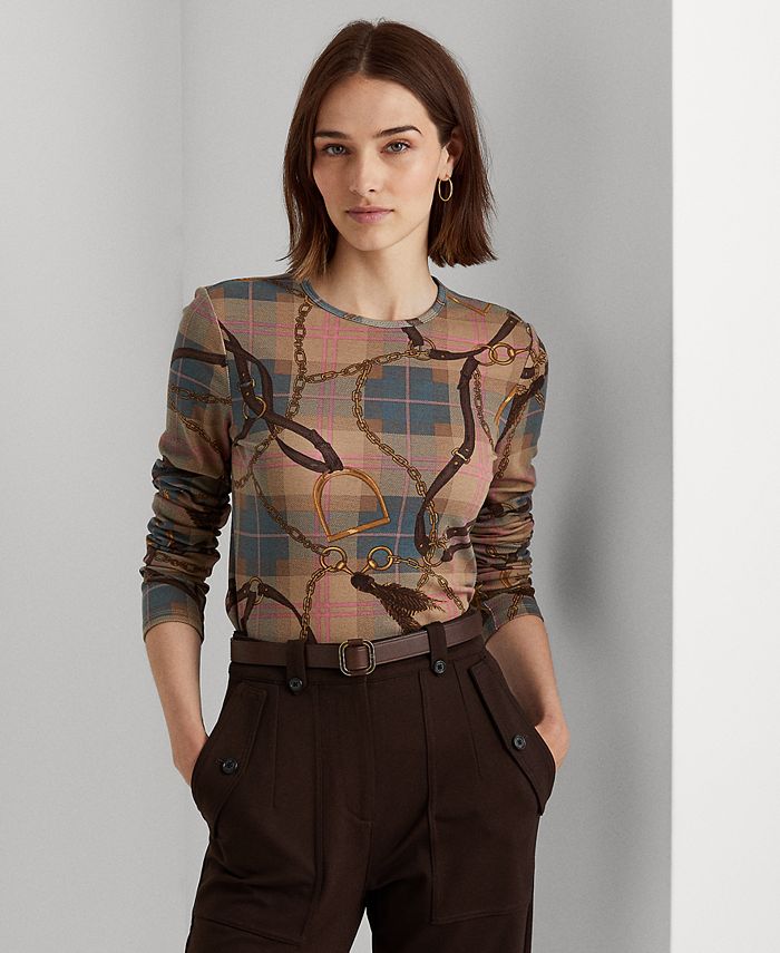 Lauren Ralph Lauren Plaid Stretch Cotton Long-Sleeve T-Shirt & Reviews -  Tops - Women - Macy's